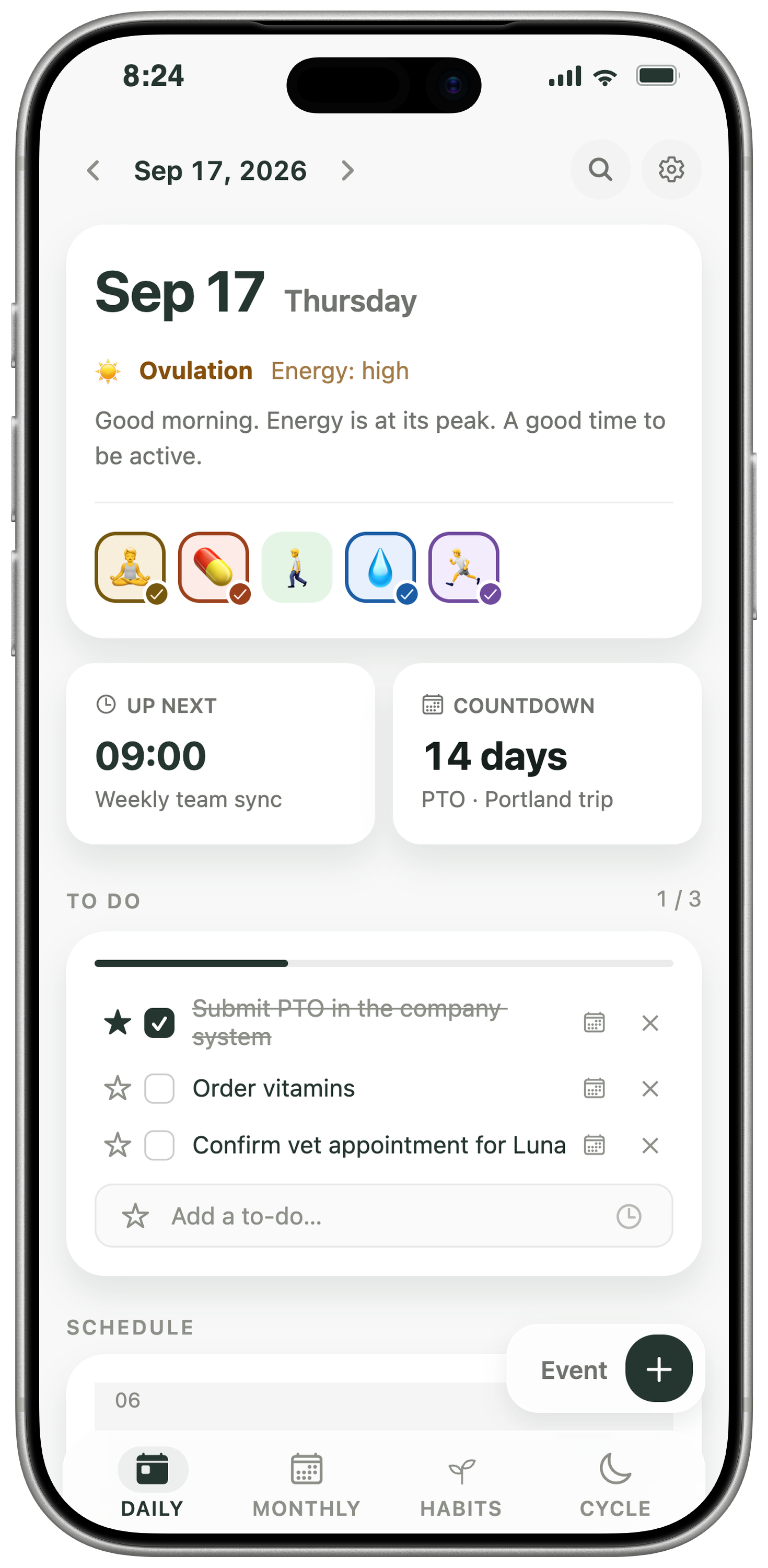 Kiyo’s daily view with a schedule, to-do list, countdown and daily notes